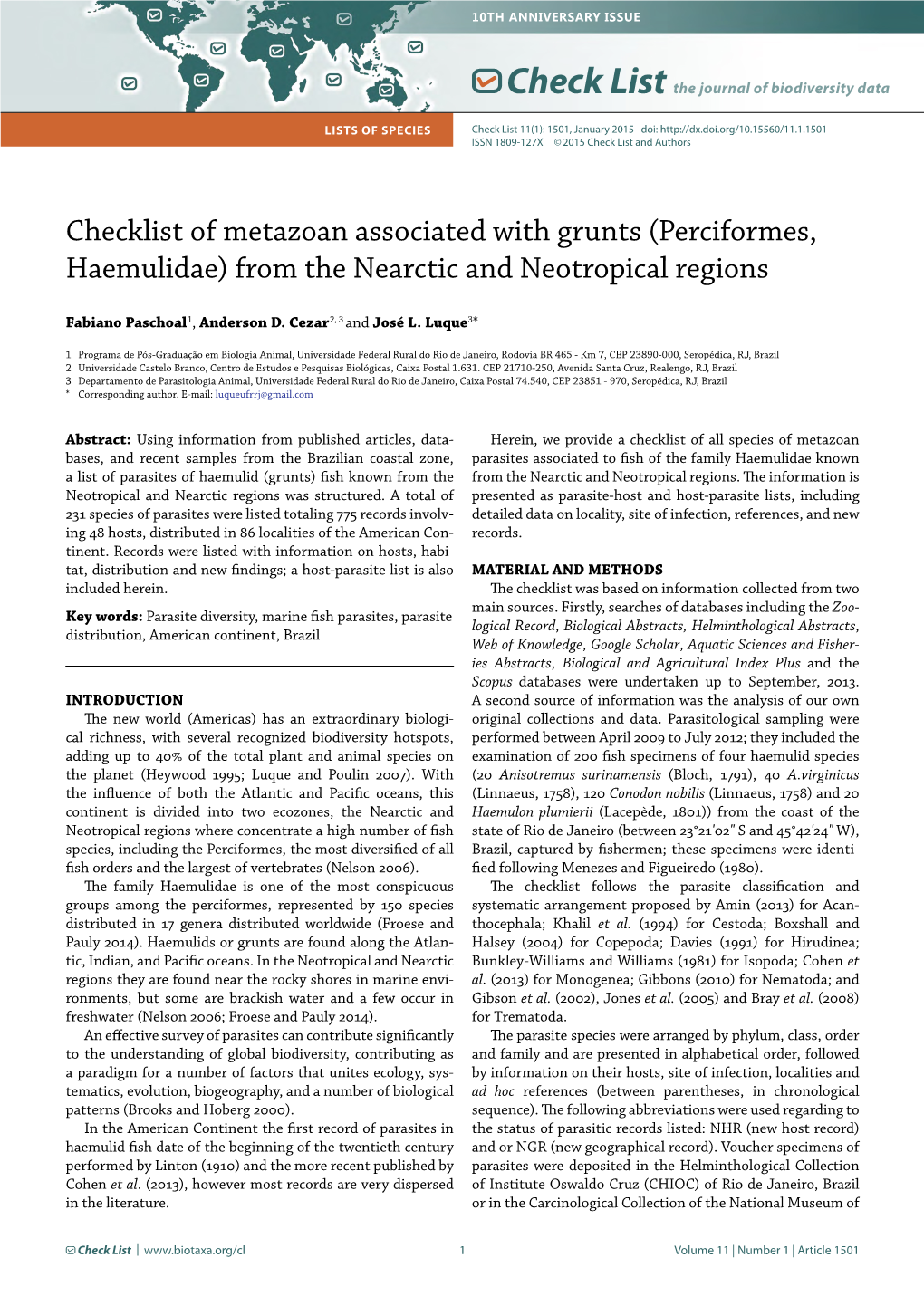 Checklist of Metazoan Associated with Grunts (Perciformes, Haemulidae) from the Nearctic and Neotropical Regions