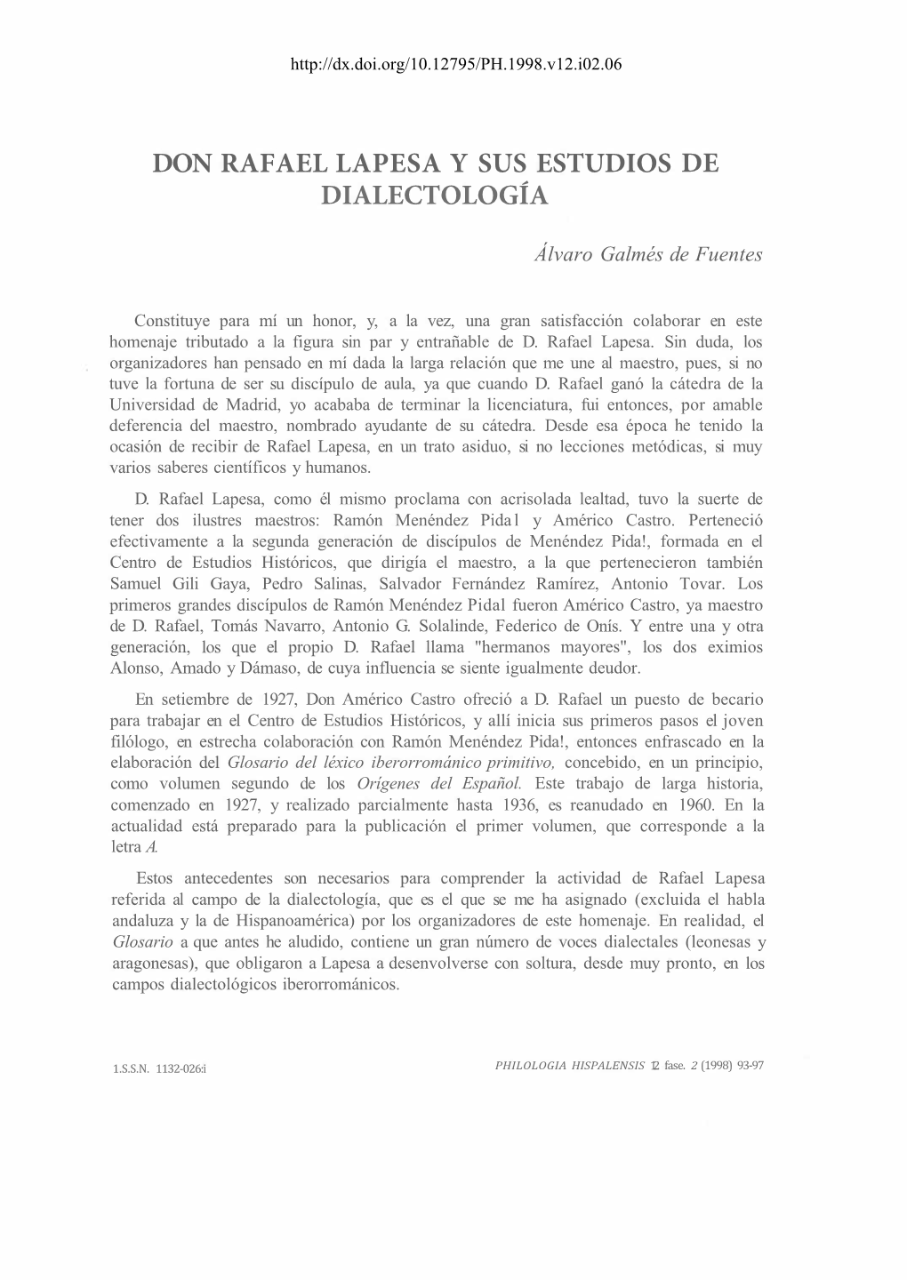 Don Rafael Lapesa Y Sus Estudios De Dialectología