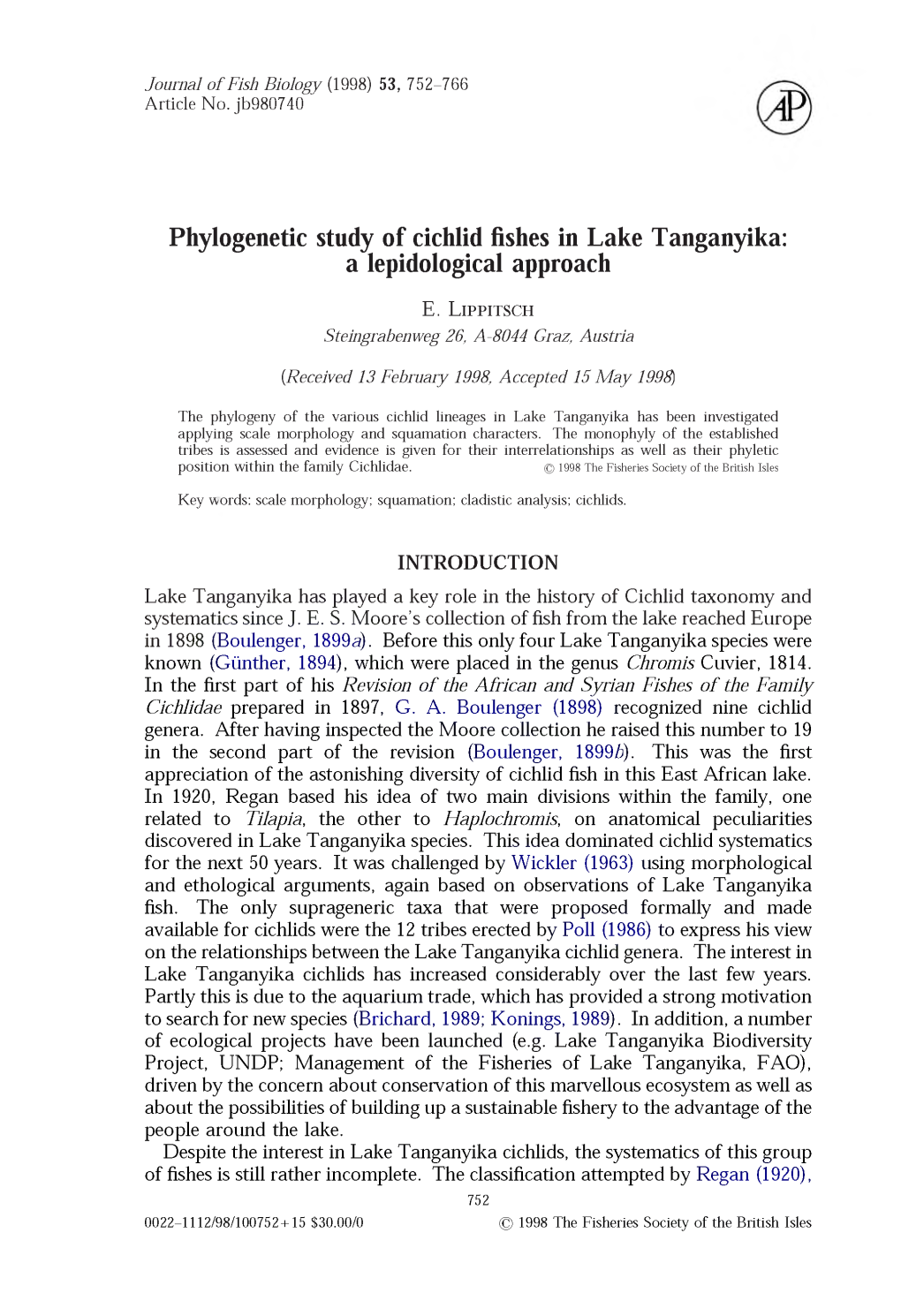 Phylogenetic Study of Cichlid Fishes in Lake Tanganyika: a Lepidological Approach