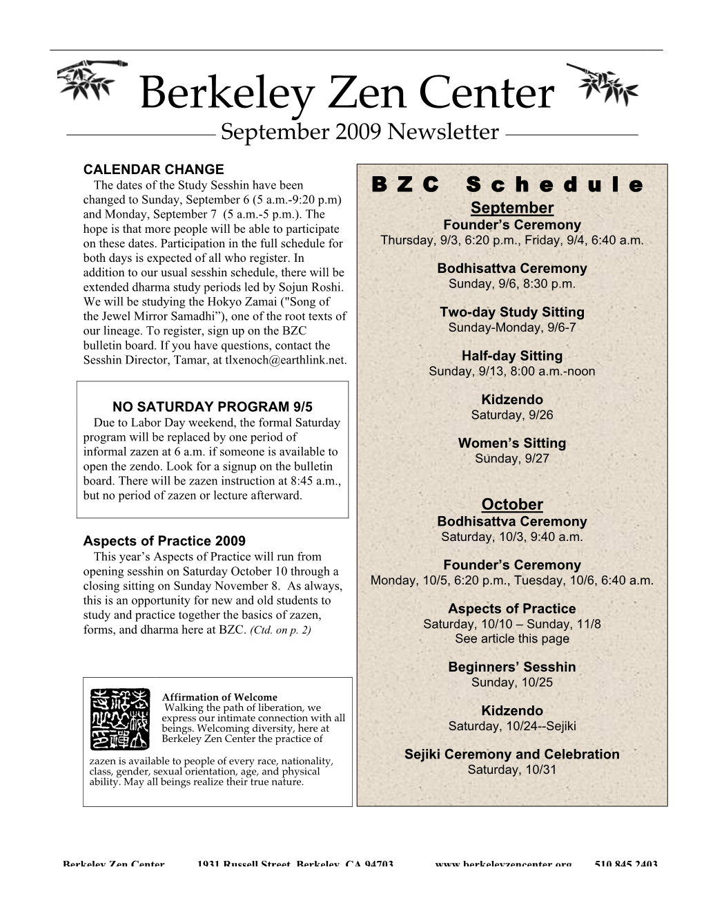Berkeley Zen Center September 2009 Newsletter