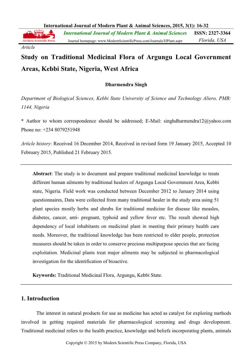 Study on Traditional Medicinal Flora of Argungu Local Government Areas, Kebbi State, Nigeria, West Africa