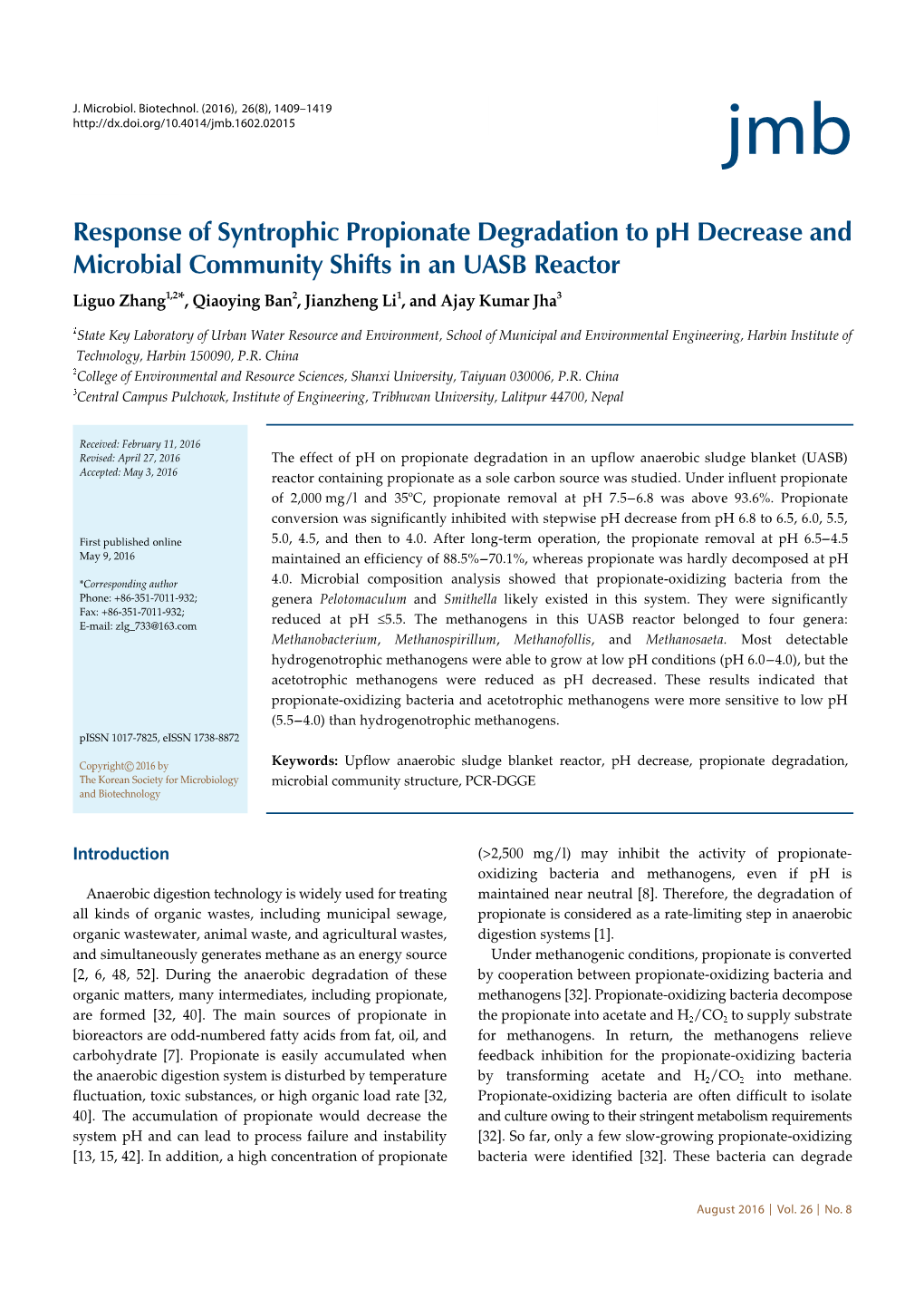Response of Syntrophic Propionate Degradation to Ph Decrease And