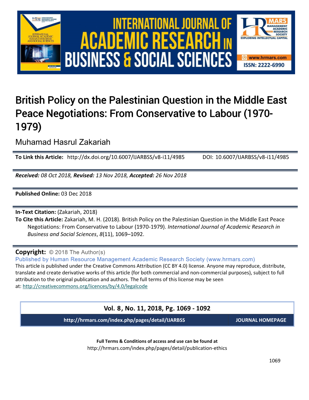 British Policy on the Palestinian Question in the Middle East Peace Negotiations: from Conservative to Labour (1970- 1979)