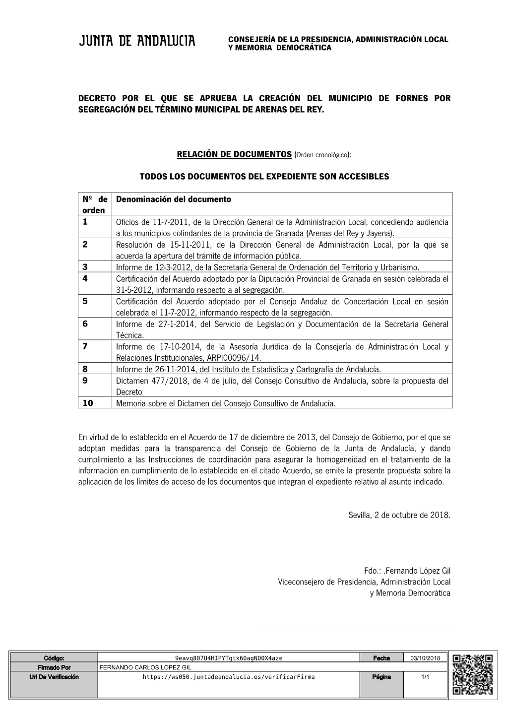 Decreto Por El Que Se Aprueba La Creación Del Municipio De Fornes Por Segregación Del Término Municipal De Arenas Del Rey