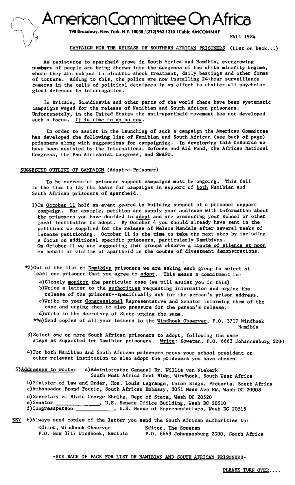 Camerican Committee on Africafall 1984 CAMPAIGN for the RELEASE of SOUTHERN AFRICAN PRISONERS (List on Back...)