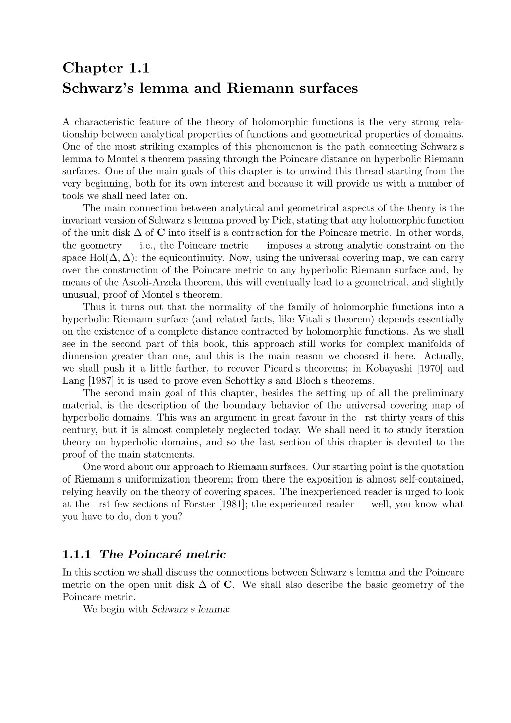 Chapter 1.1 Schwarz's Lemma and Riemann Surfaces