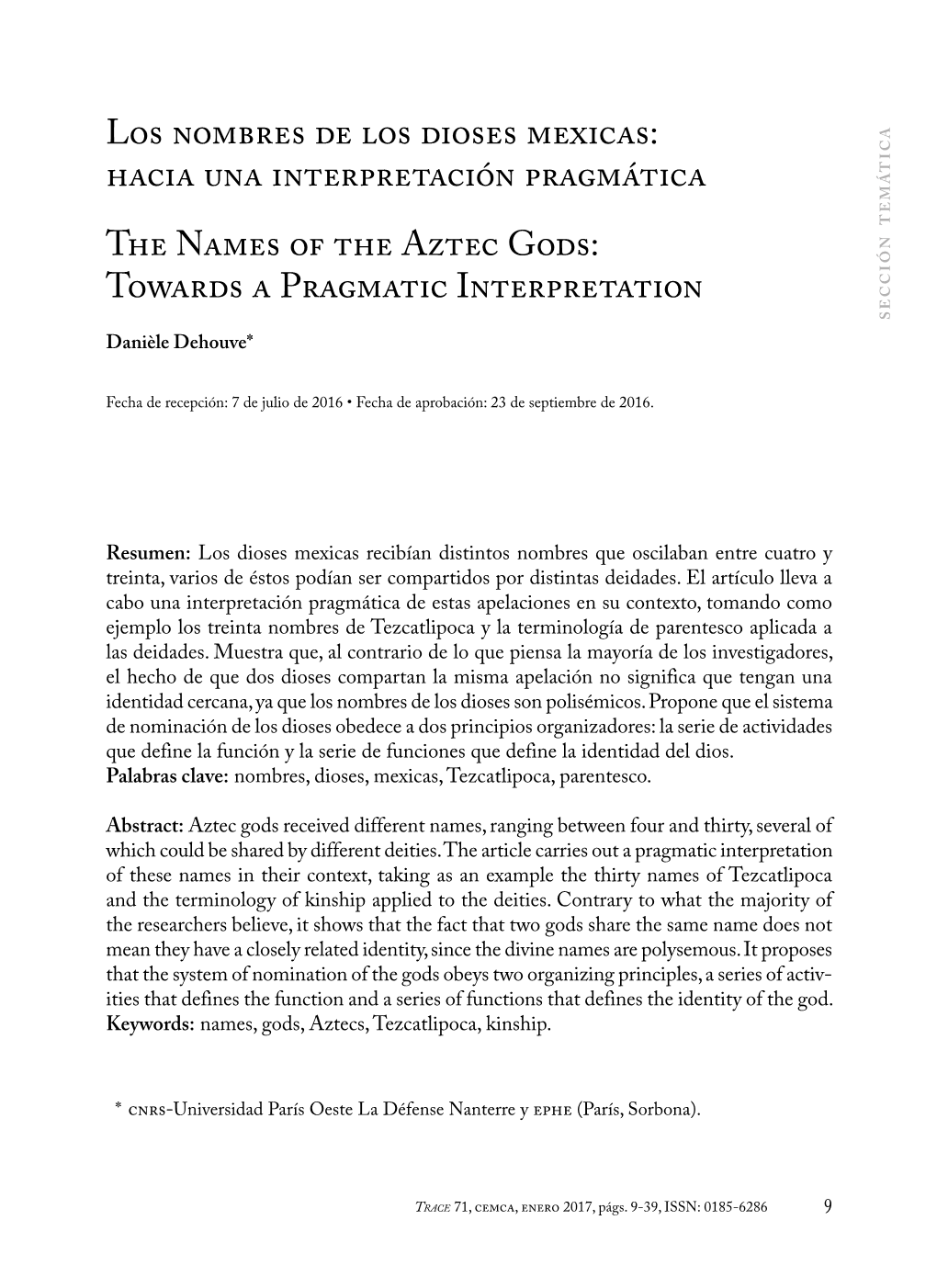 Los Nombres De Los Dioses Mexicas: Hacia Una Interpretación Pragmática the Names of the Aztec Gods