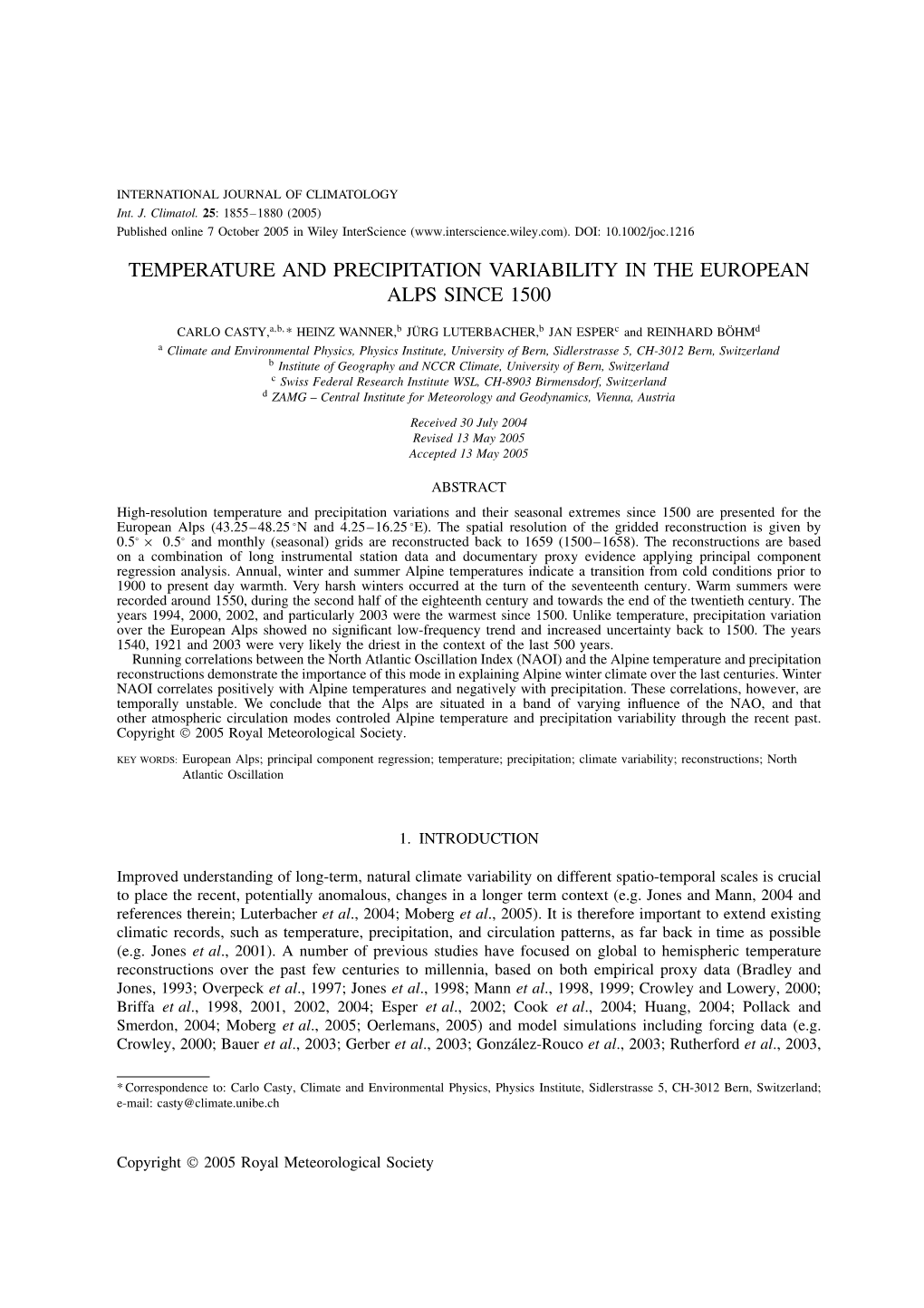 Temperature and Precipitation Variability in the European Alps Since 1500