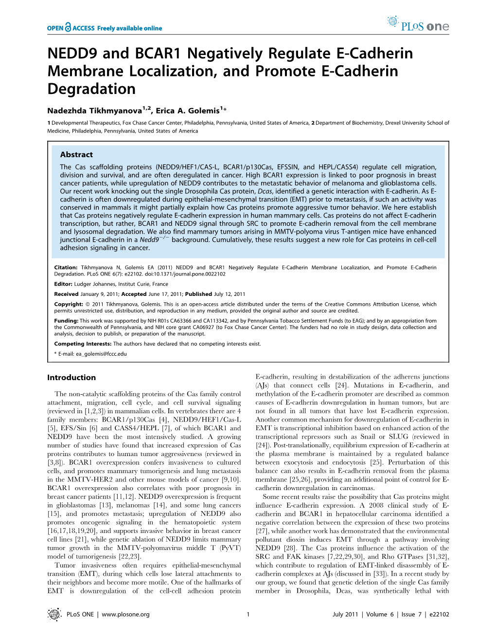 NEDD9 and BCAR1 Negatively Regulate E-Cadherin Membrane Localization, and Promote E-Cadherin Degradation