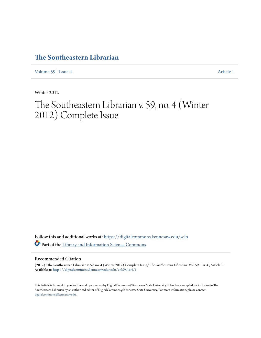 The Southeastern Librarian V. 59, No. 4