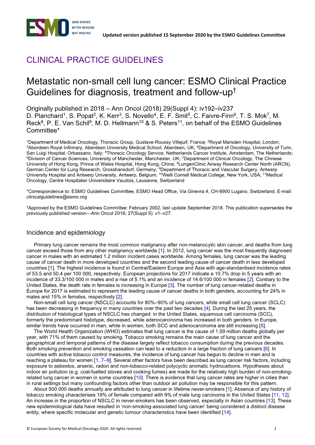 Metastatic Non-Small Cell Lung Cancer: ESMO Clinical Practice Guidelines