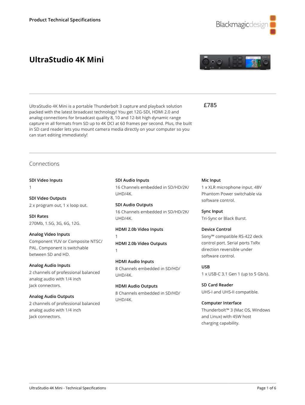 Ultrastudio 4K Mini Tech Spec Sheet