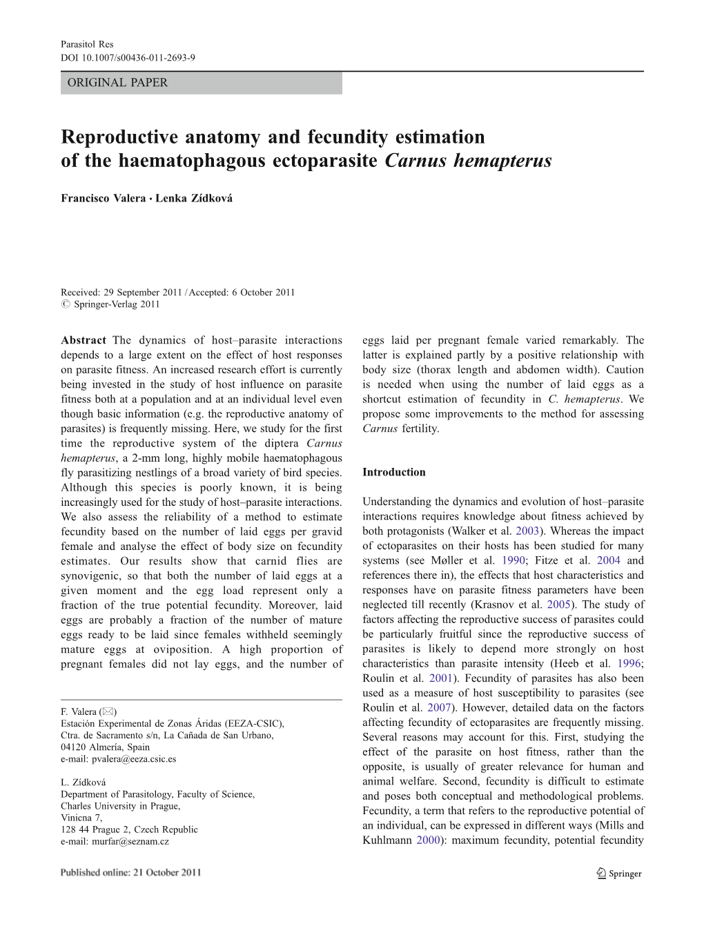 Reproductive Anatomy and Fecundity Estimation of the Haematophagous Ectoparasite Carnus Hemapterus