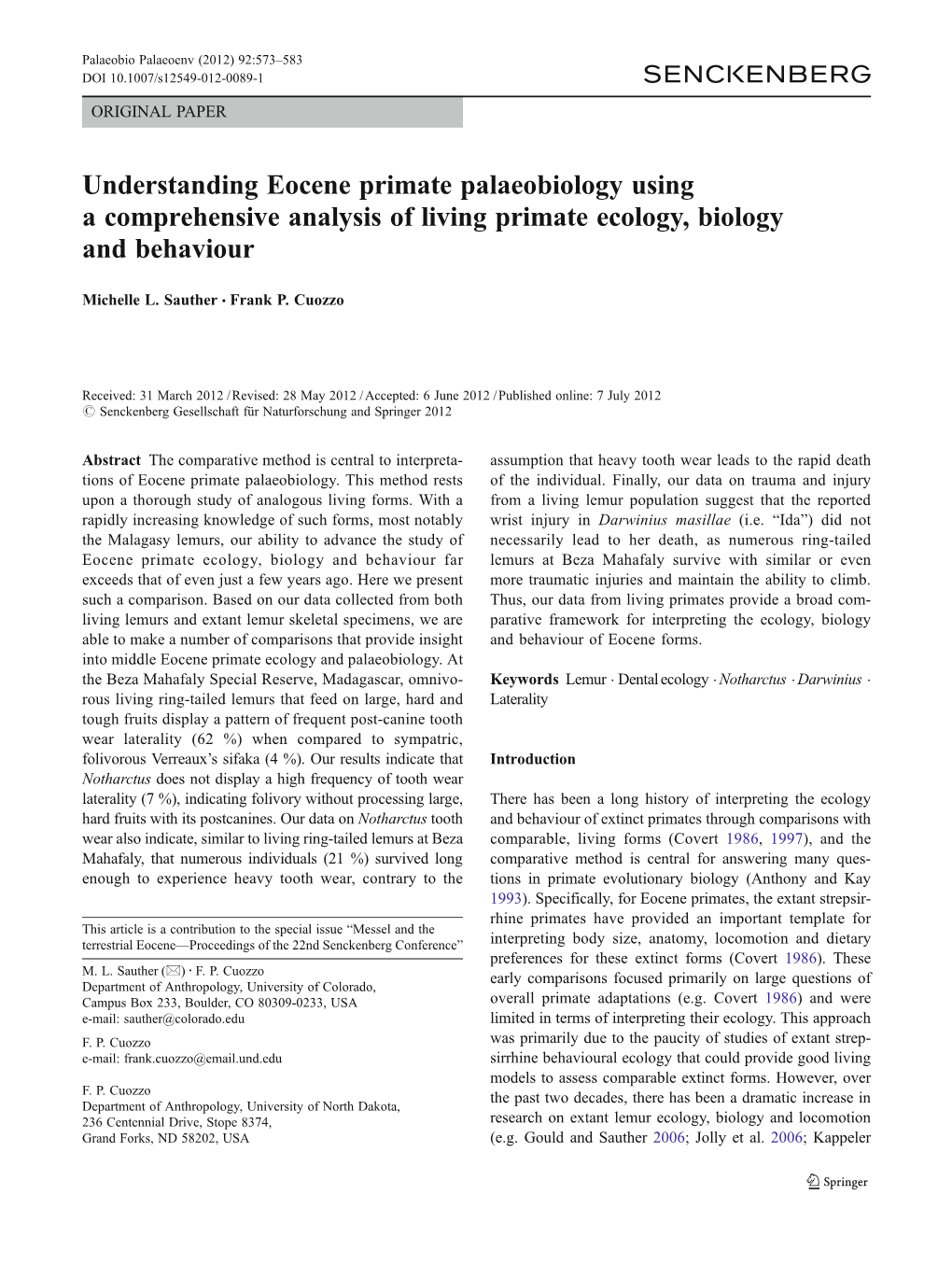 Understanding Eocene Primate Palaeobiology Using a Comprehensive Analysis of Living Primate Ecology, Biology and Behaviour