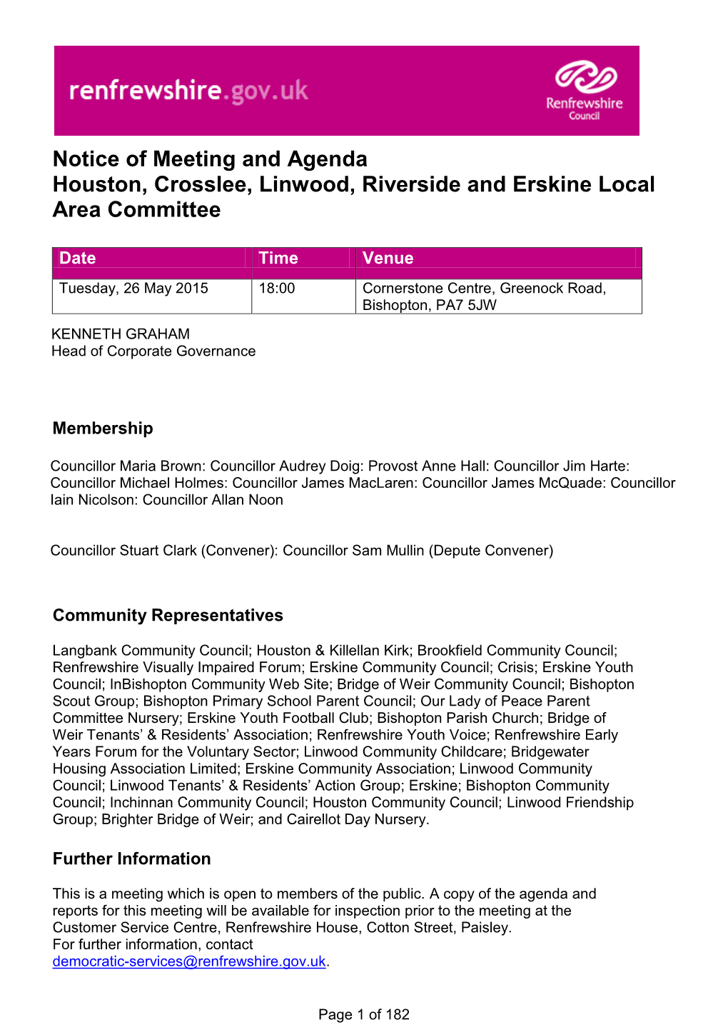 Notice of Meeting and Agenda Houston, Crosslee, Linwood, Riverside and Erskine Local Area Committee