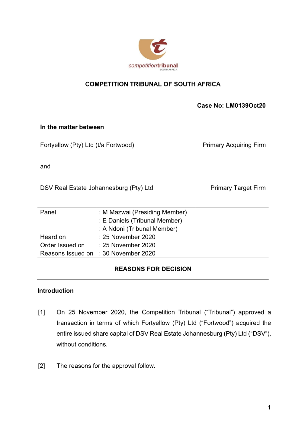 1 COMPETITION TRIBUNAL of SOUTH AFRICA Case No