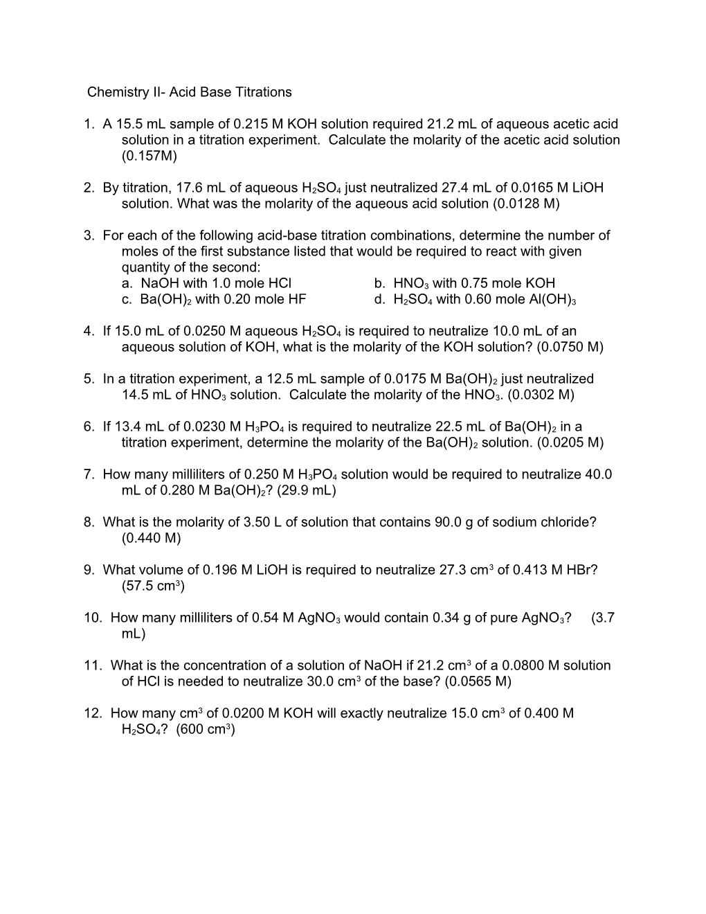 Chemistry II- Acid Base Titrations