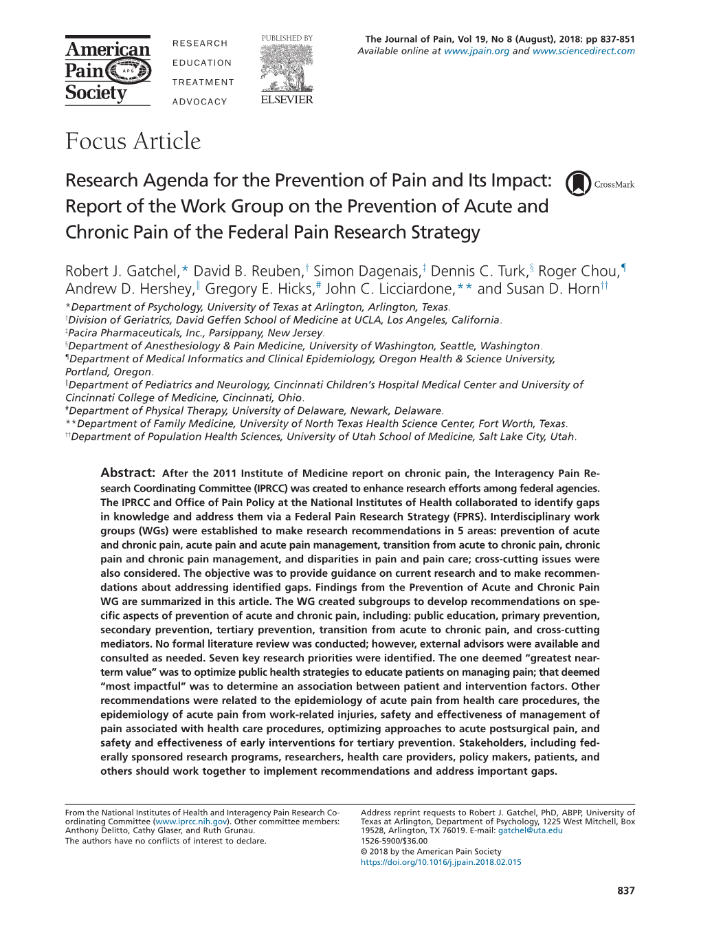 Report of the Work Group on the Prevention of Acute and Chronic Pain of the Federal Pain Research Strategy