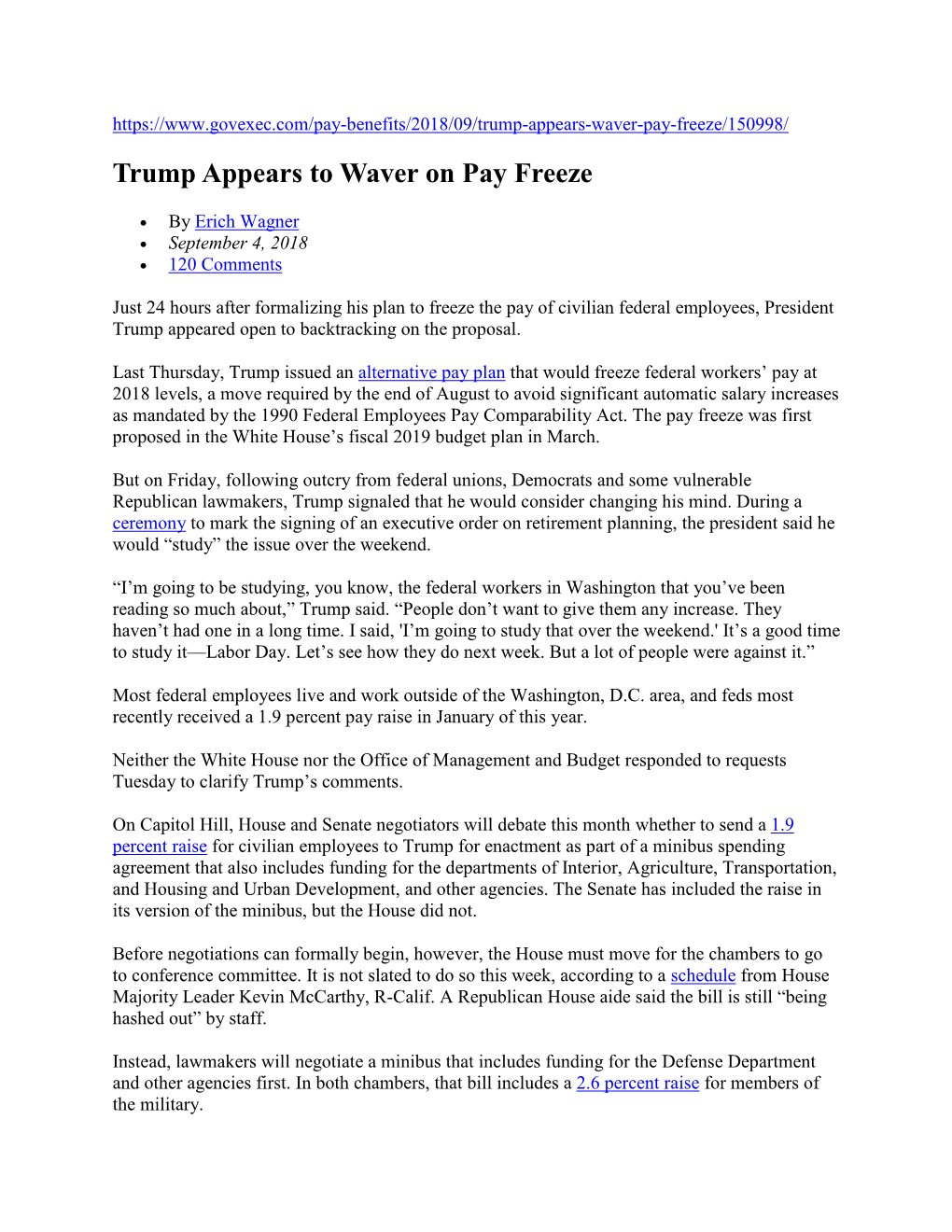 Trump Appears to Waver on Pay Freeze