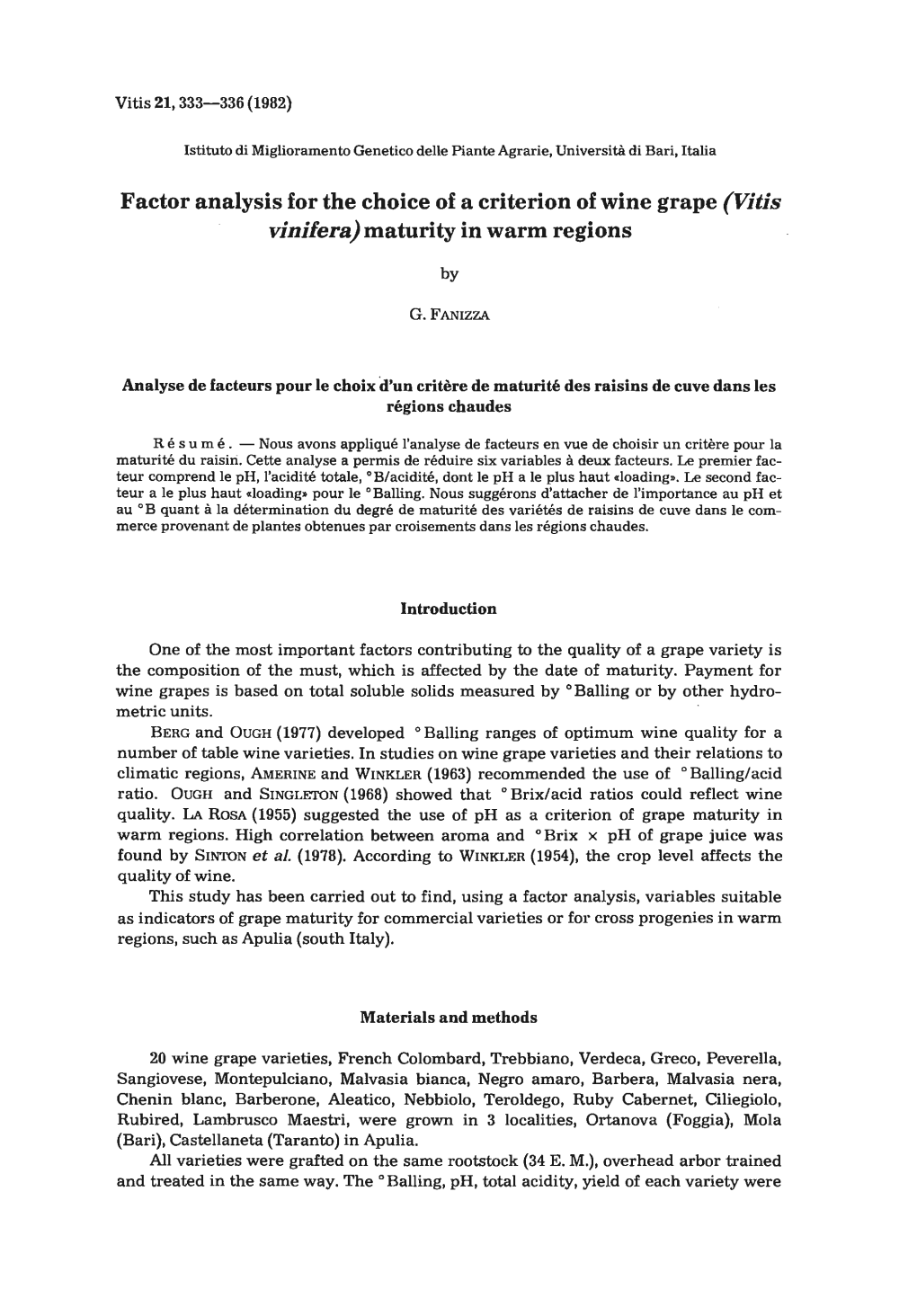 Factor Analysis for the Choice of a Criterion of Wine Grape (Vitis Vinifera) Maturity in Warm Regions