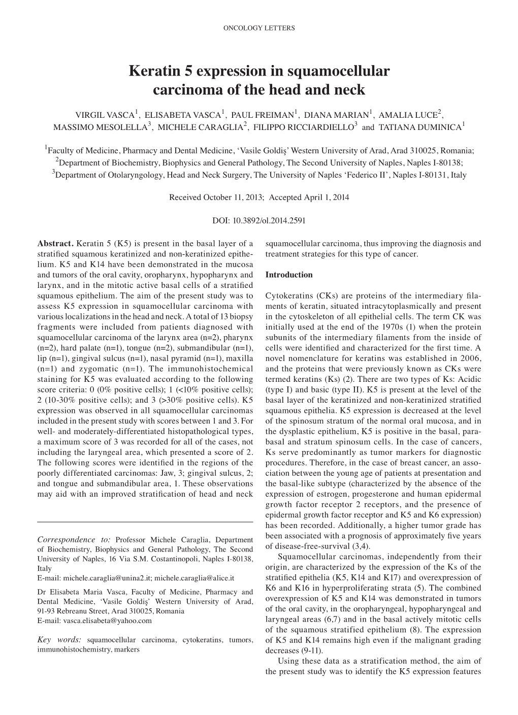 Keratin 5 Expression in Squamocellular Carcinoma of the Head and Neck