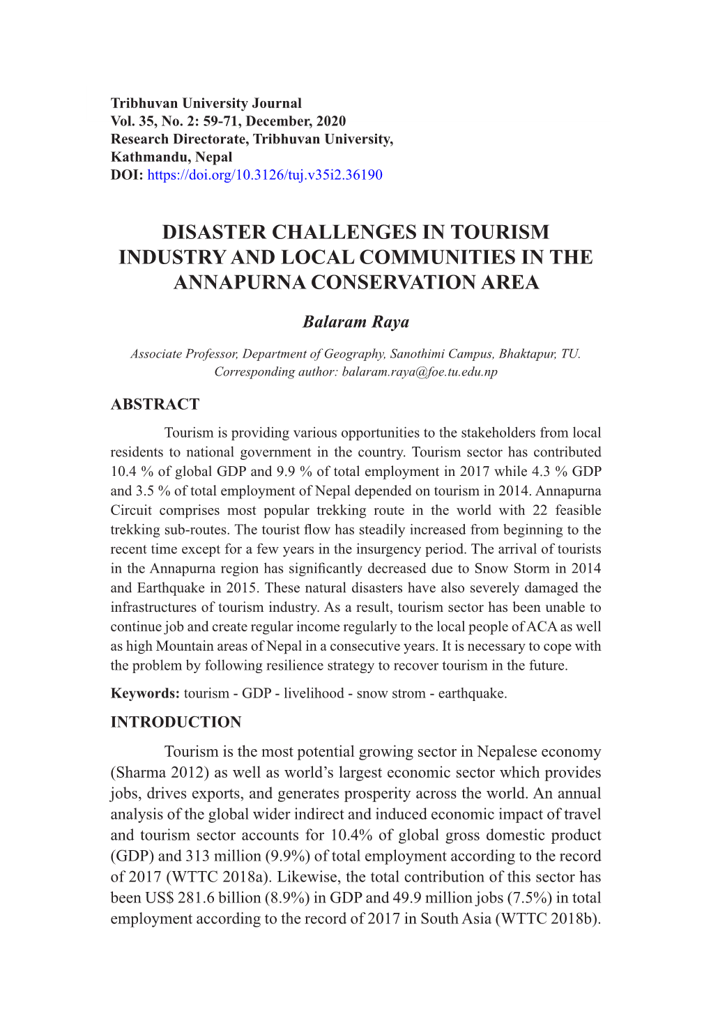 Disaster Challenges in Tourism Industry and Local Communities in the Annapurna Conservation Area