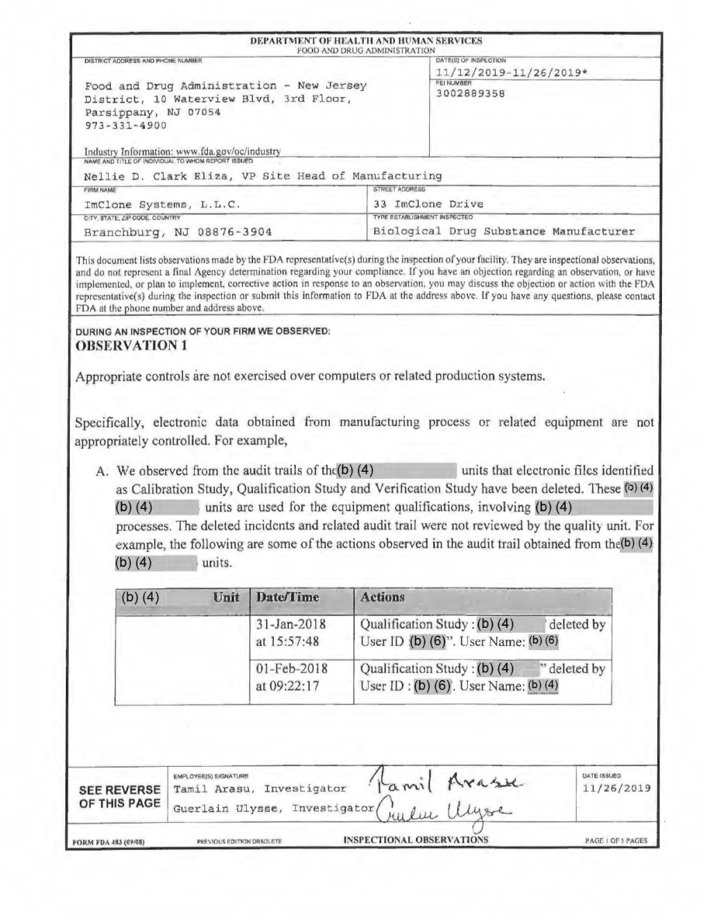 Imclone Systems, L.L .C., Branchburg, NJ. 483 Issued 11/26