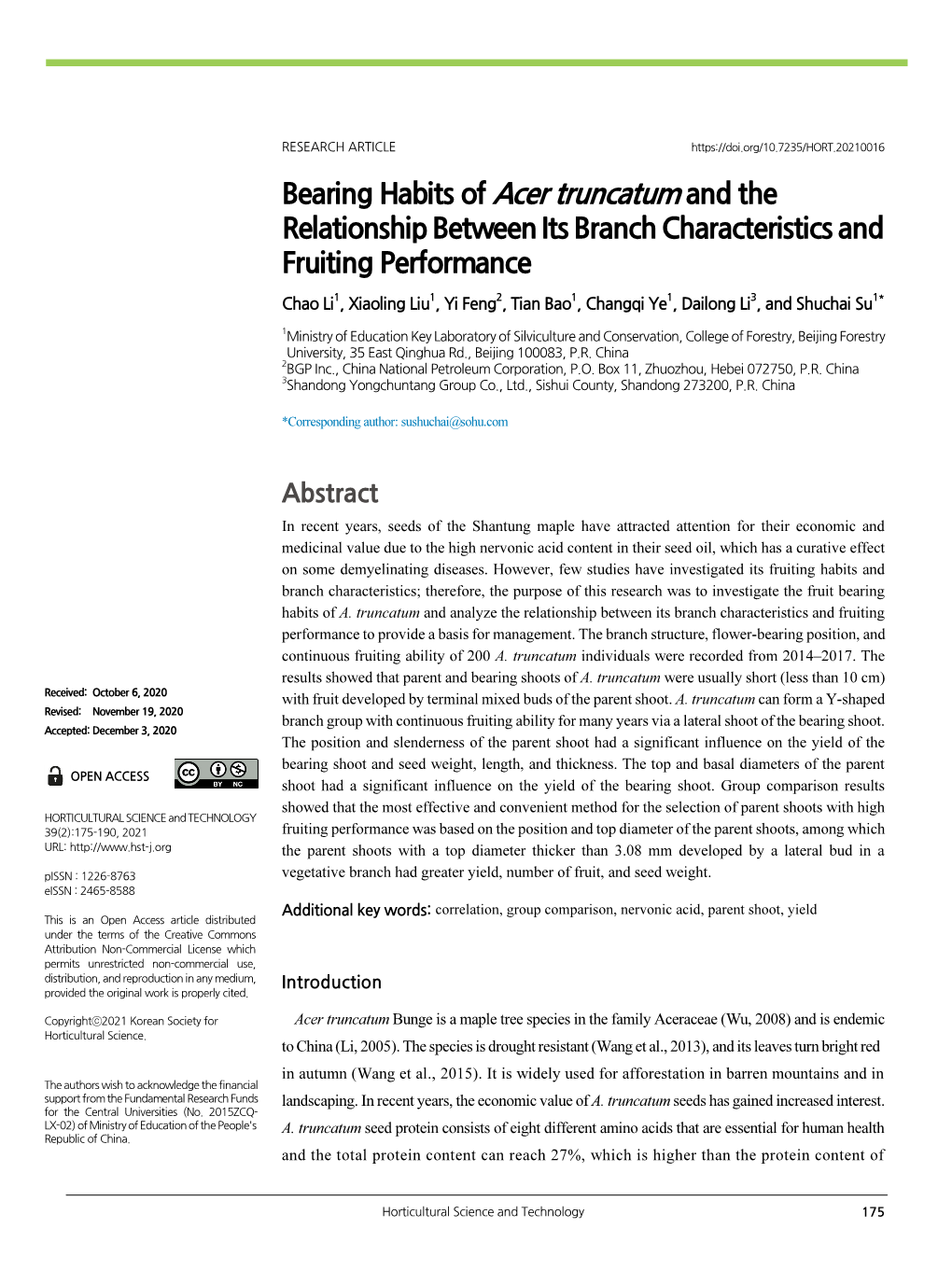 Bearing Habits of Acer Truncatum and the Relationship Between Its Branch Characteristics and Fruiting Performance