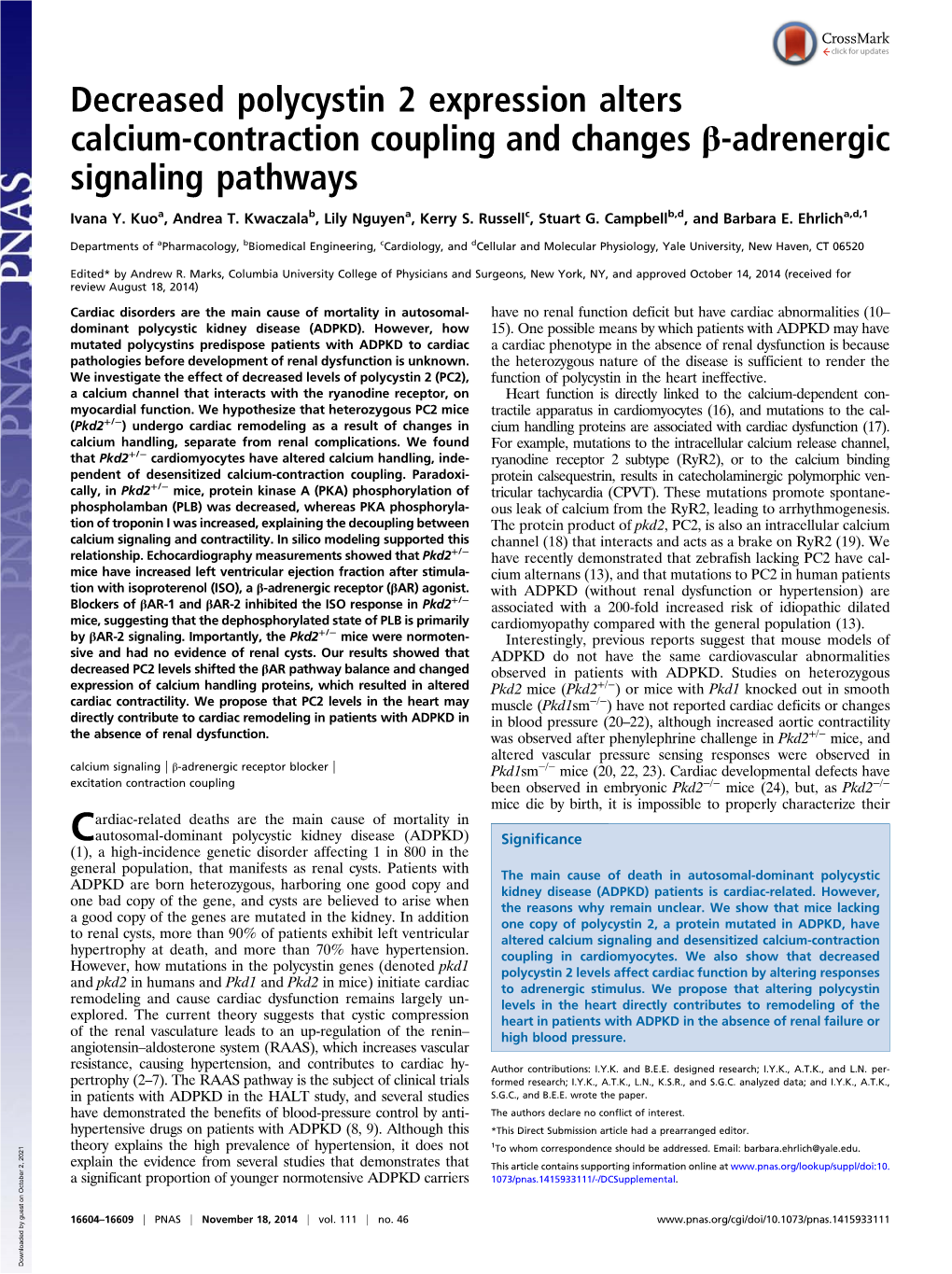 Decreased Polycystin 2 Expression Alters Calcium-Contraction Coupling and Changes Β-Adrenergic Signaling Pathways