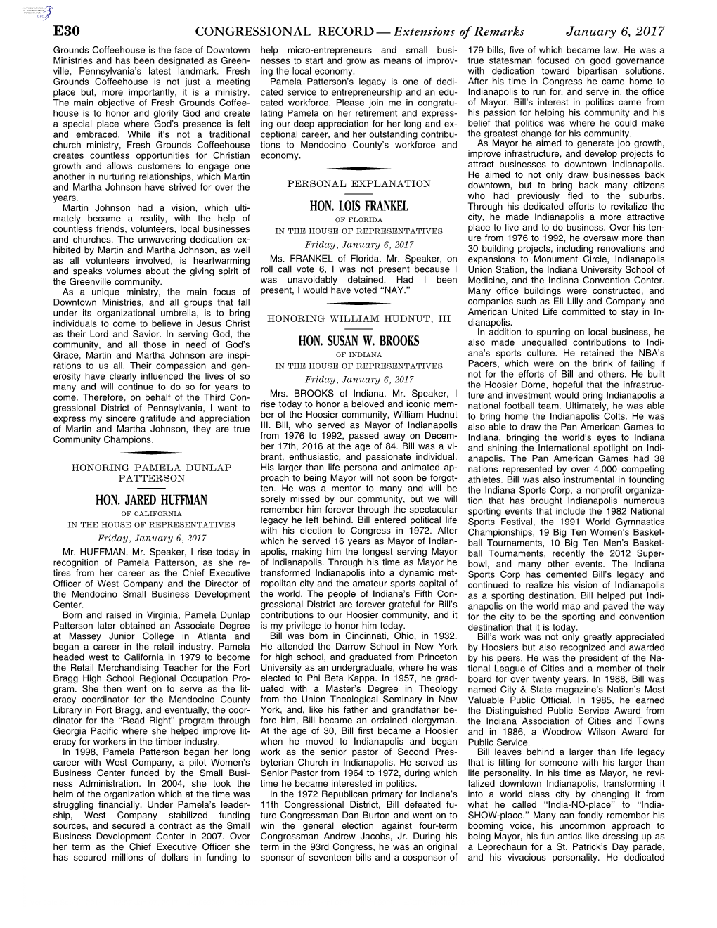 CONGRESSIONAL RECORD— Extensions of Remarks E30 HON. JARED HUFFMAN HON. LOIS FRANKEL HON. SUSAN W. BROOKS