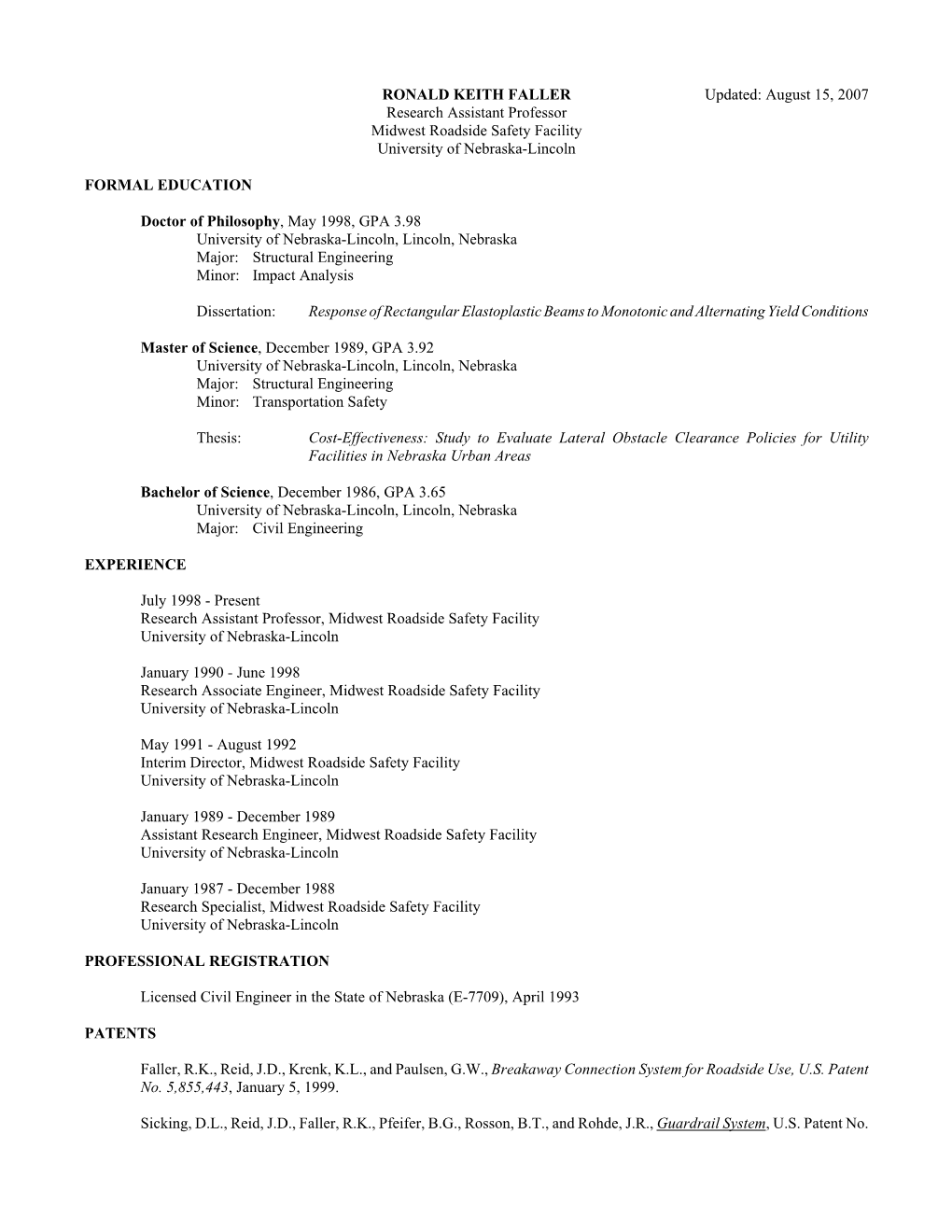 \\Mwrsf\Resumes\Curriculum Vitae\Ron Faller\Ron08152007.Wpd