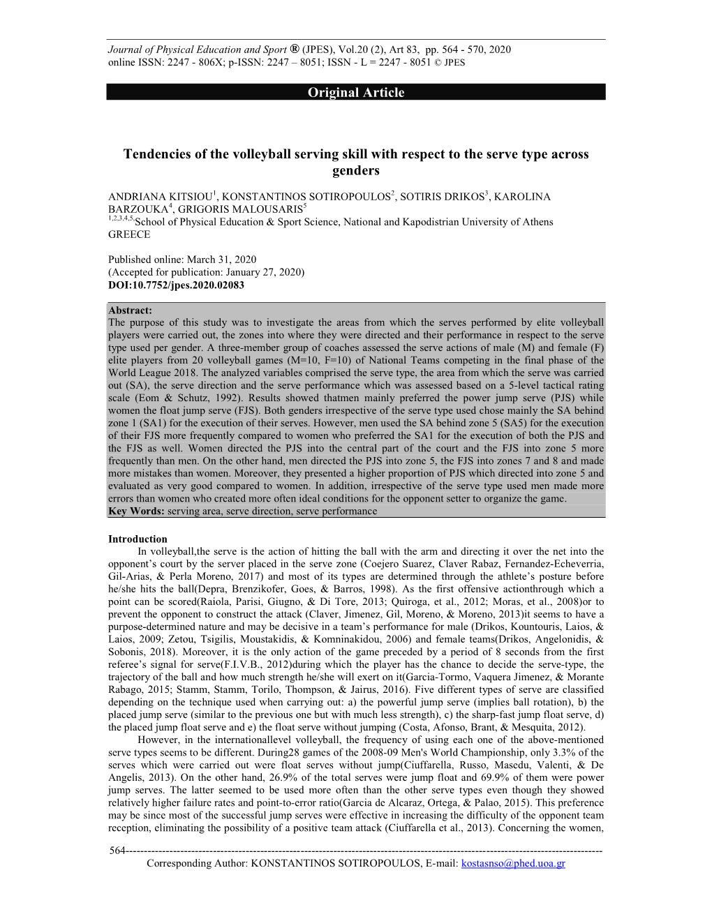 Tendencies of the Volleyball Serving Skill with Respect to the Serve Type Across Genders