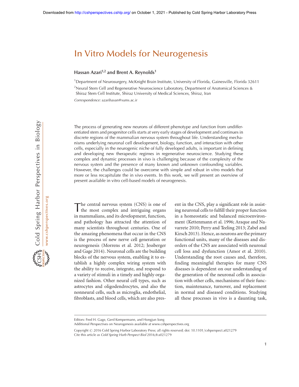 In Vitro Models for Neurogenesis