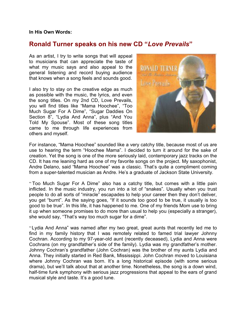 In His Own Words: Ronald Turner Speaks on His New CD Love Prevails