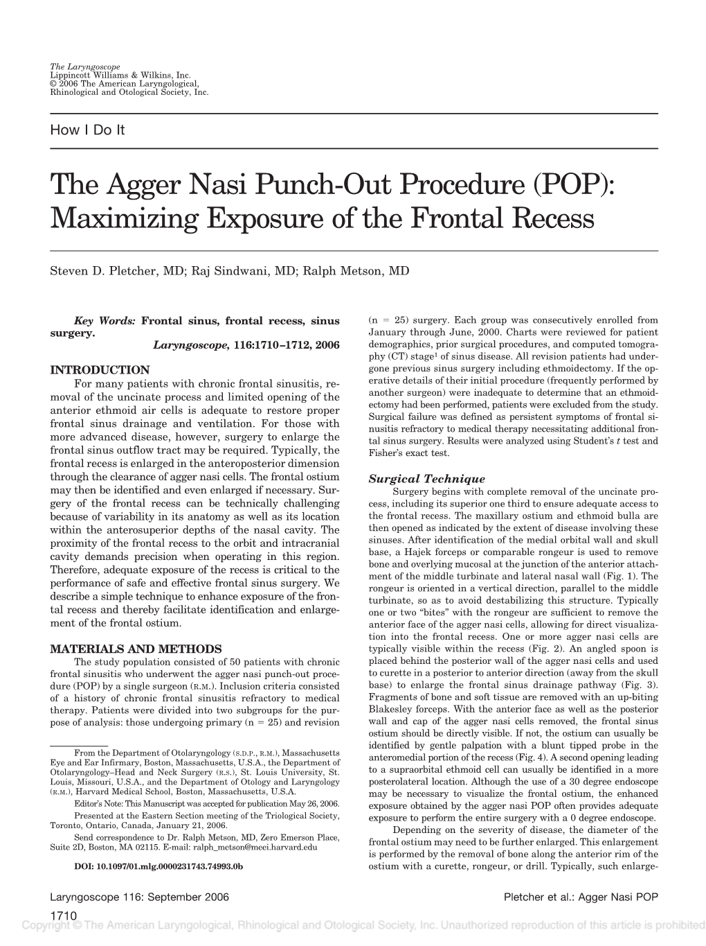 The Agger Nasi Punch-Out Procedure (POP): Maximizing Exposure of the Frontal Recess