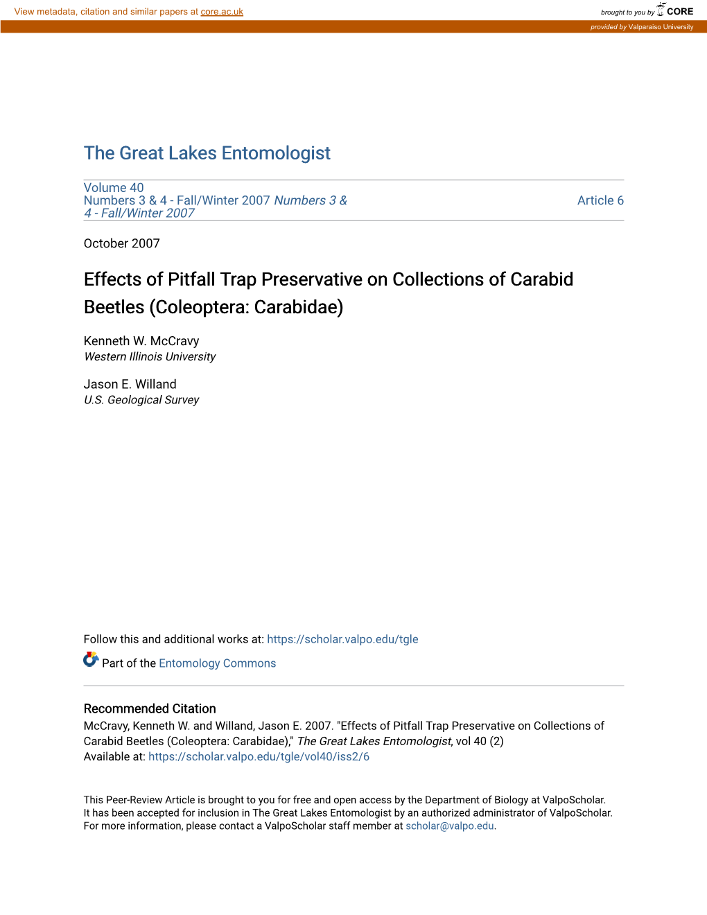 Effects of Pitfall Trap Preservative on Collections of Carabid Beetles (Coleoptera: Carabidae)