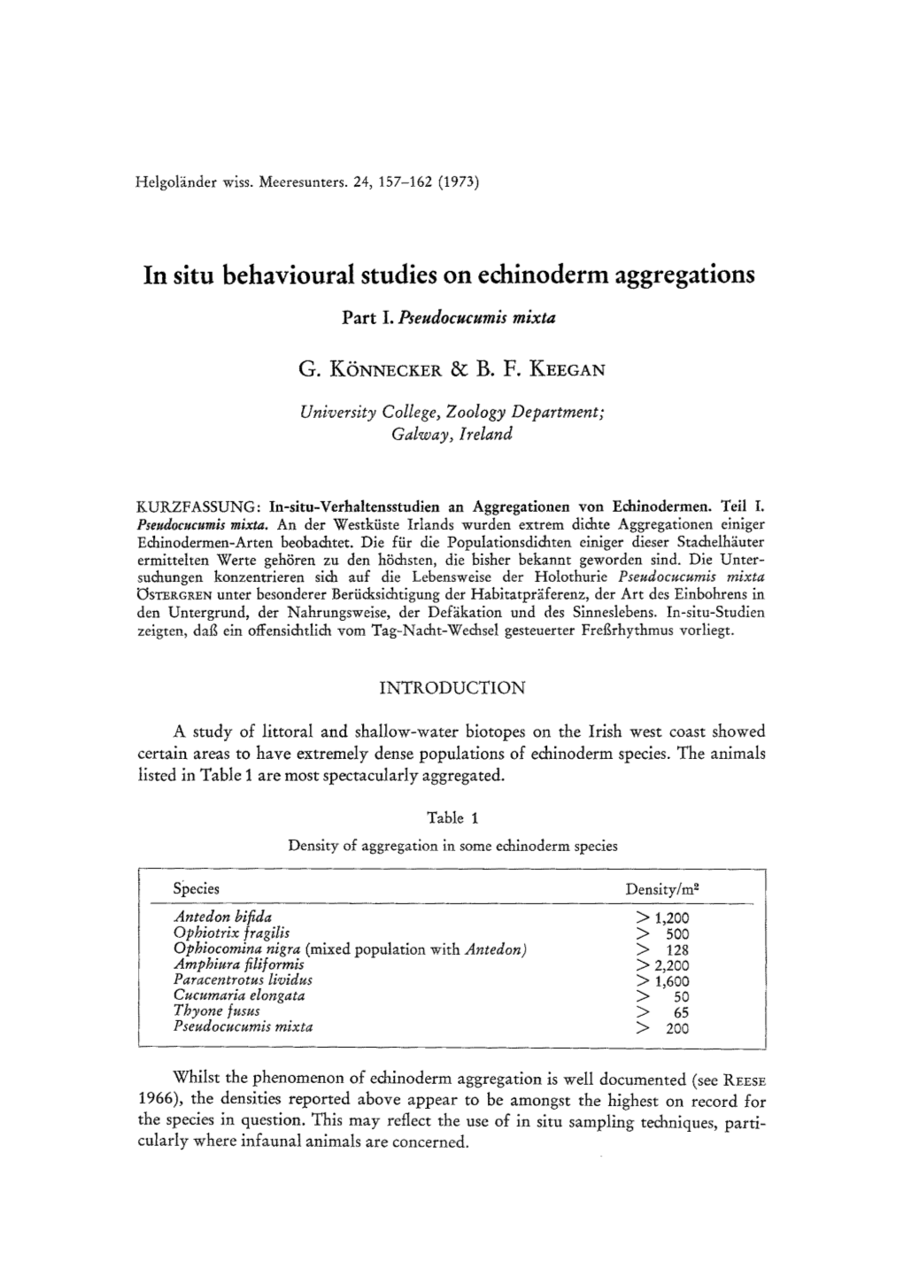 In Situ Behavioural Studies on Echinoderm Aggregations