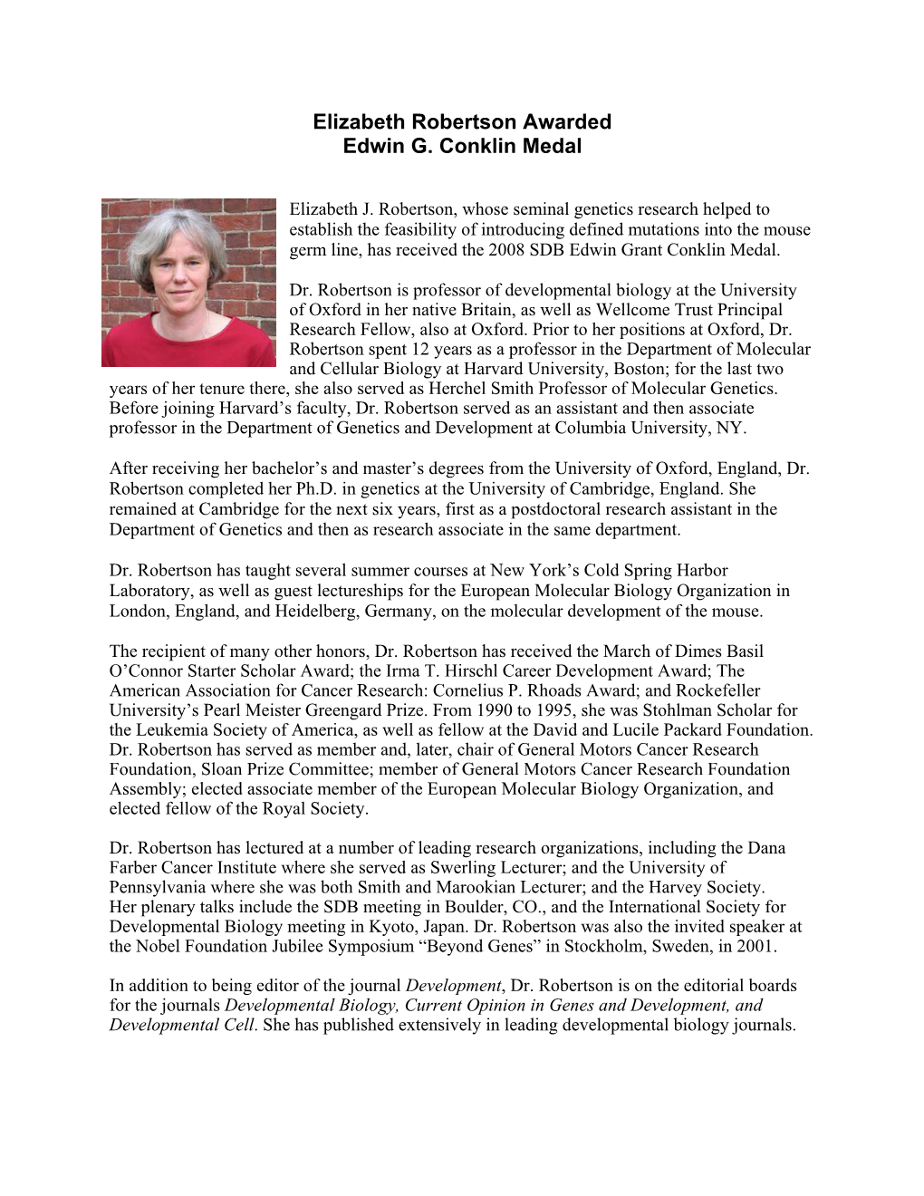 Elizabeth Robertson Awarded Edwin G. Conklin Medal