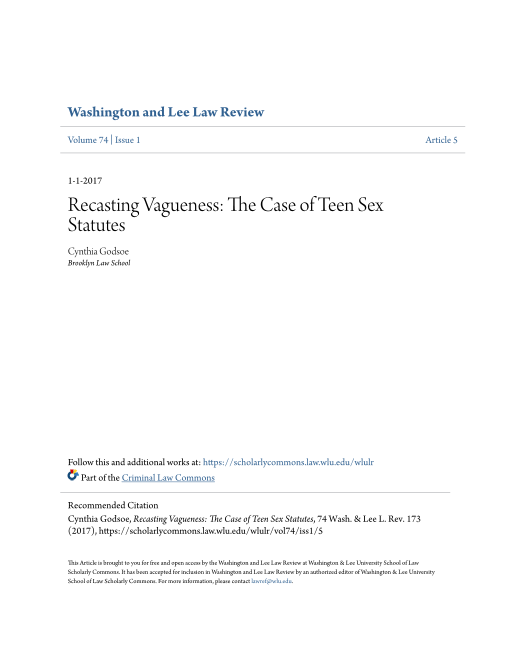The Case of Teen Sex Statutes, 74 Wash