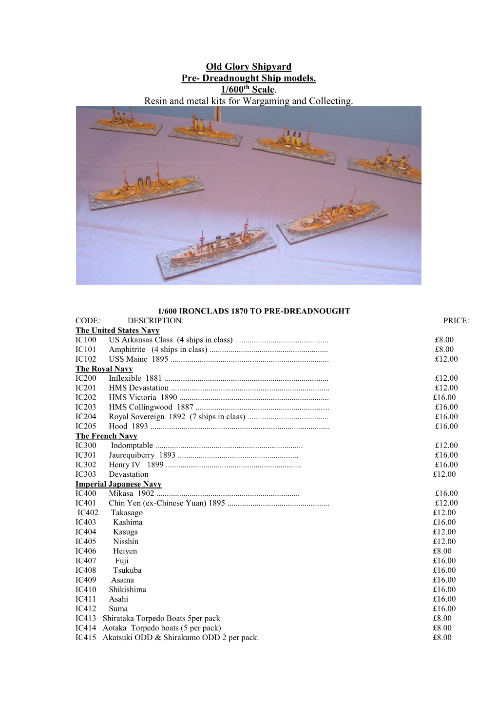 Old Glory Shipyard Pre- Dreadnought Ship Models. 1/600Th Scale. Resin and Metal Kits for Wargaming and Collecting
