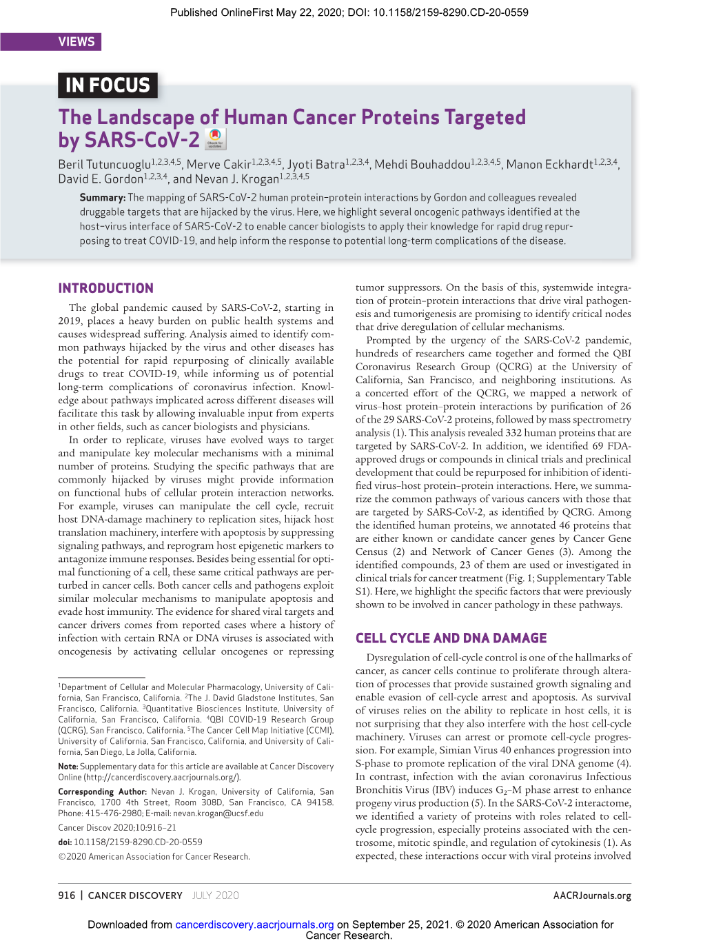 The Landscape of Human Cancer Proteins Targeted by SARS-Cov-2