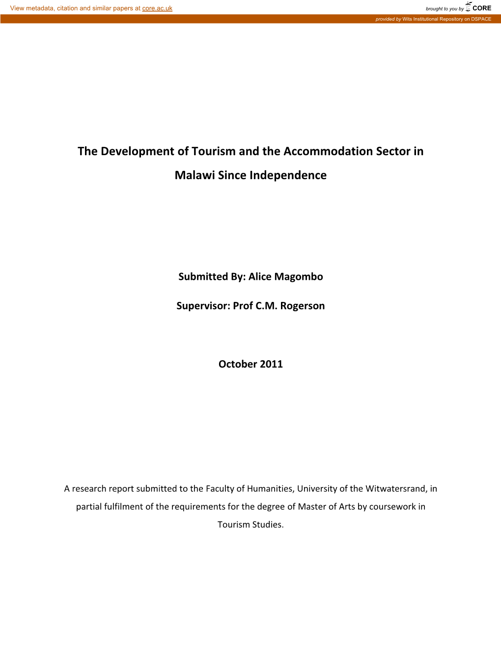 The Development of Tourism and the Accommodation Sector in Malawi Since Independence