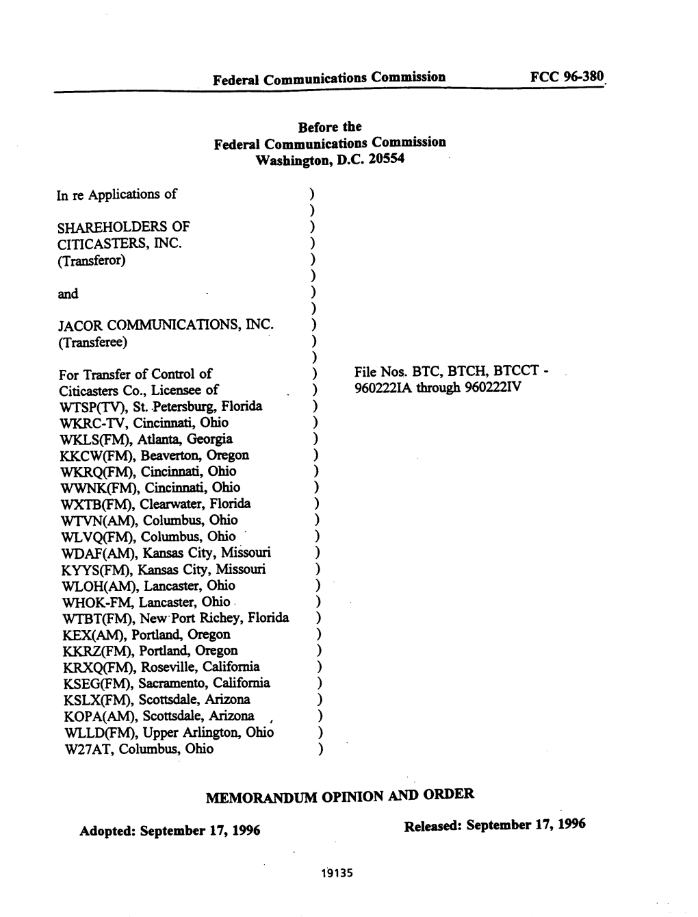 Federal Communications Commission FCC 96-380 Before the Federal