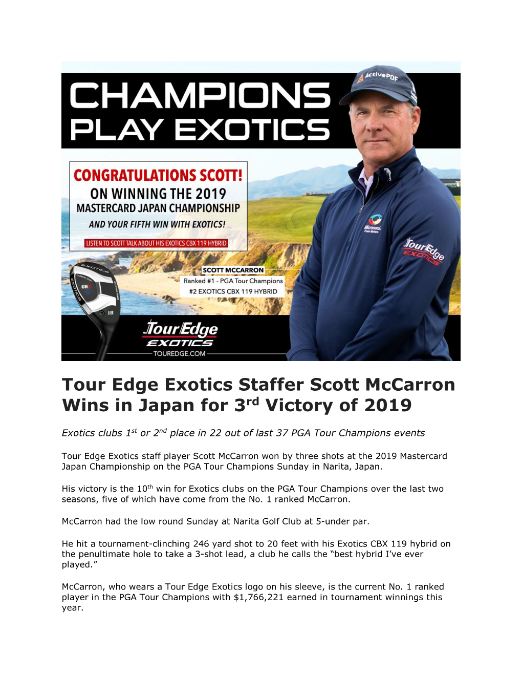 Tour Edge Exotics Staffer Scott Mccarron Wins in Japan for 3Rd Victory of 2019
