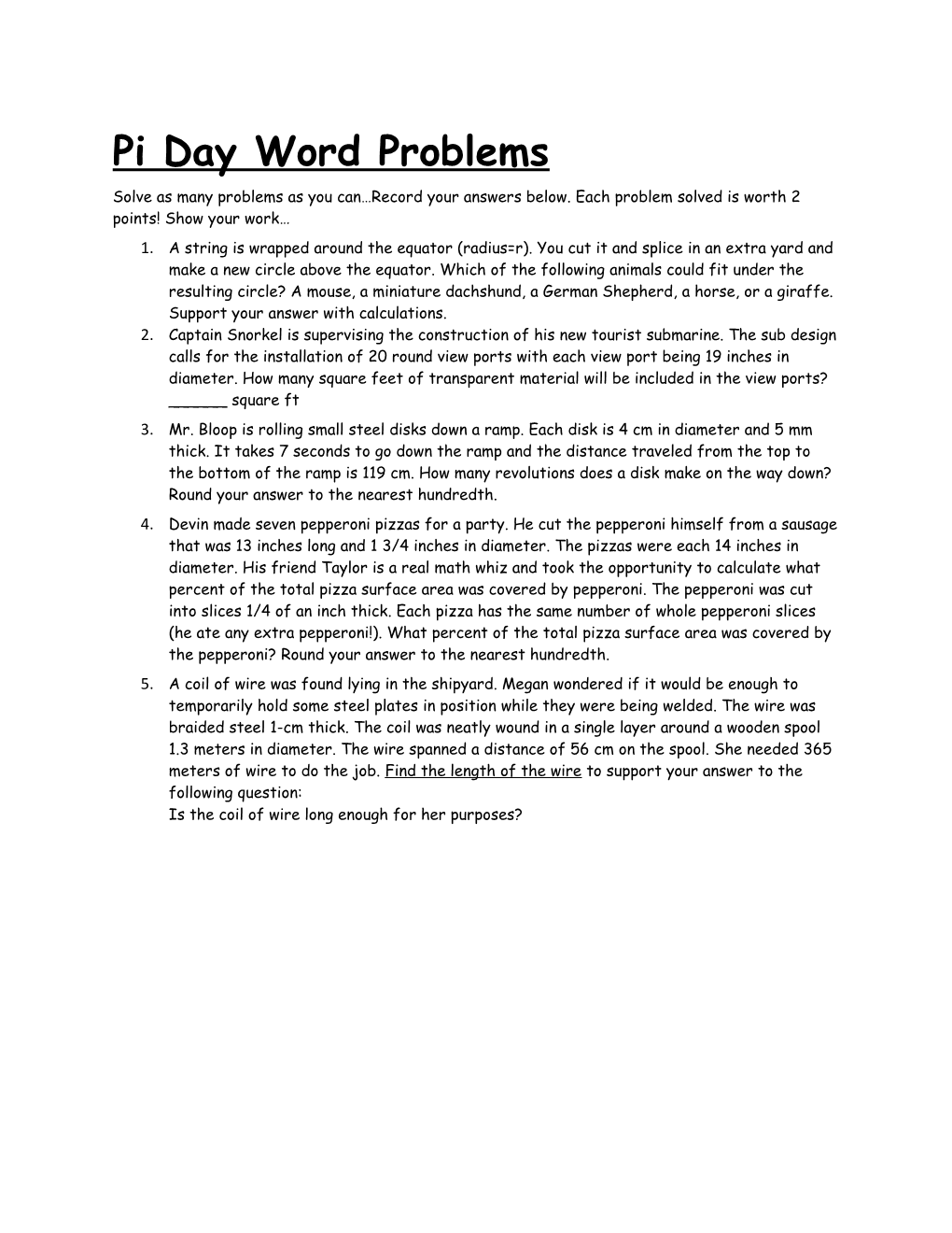 Pi Day Word Problems