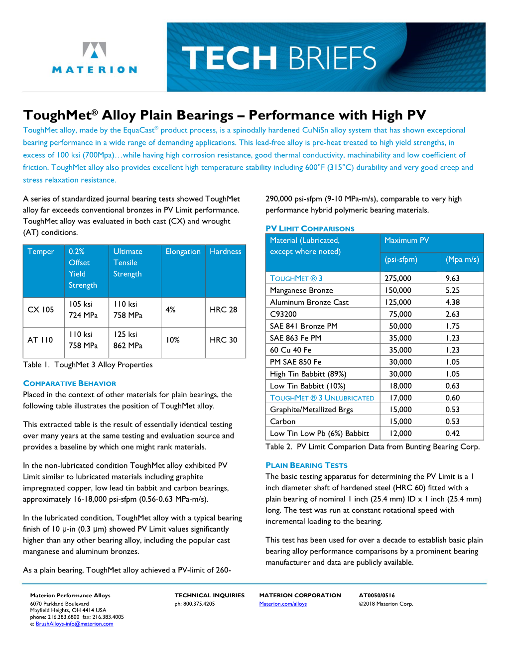 Toughmet Plain Bearing Performance with High PV