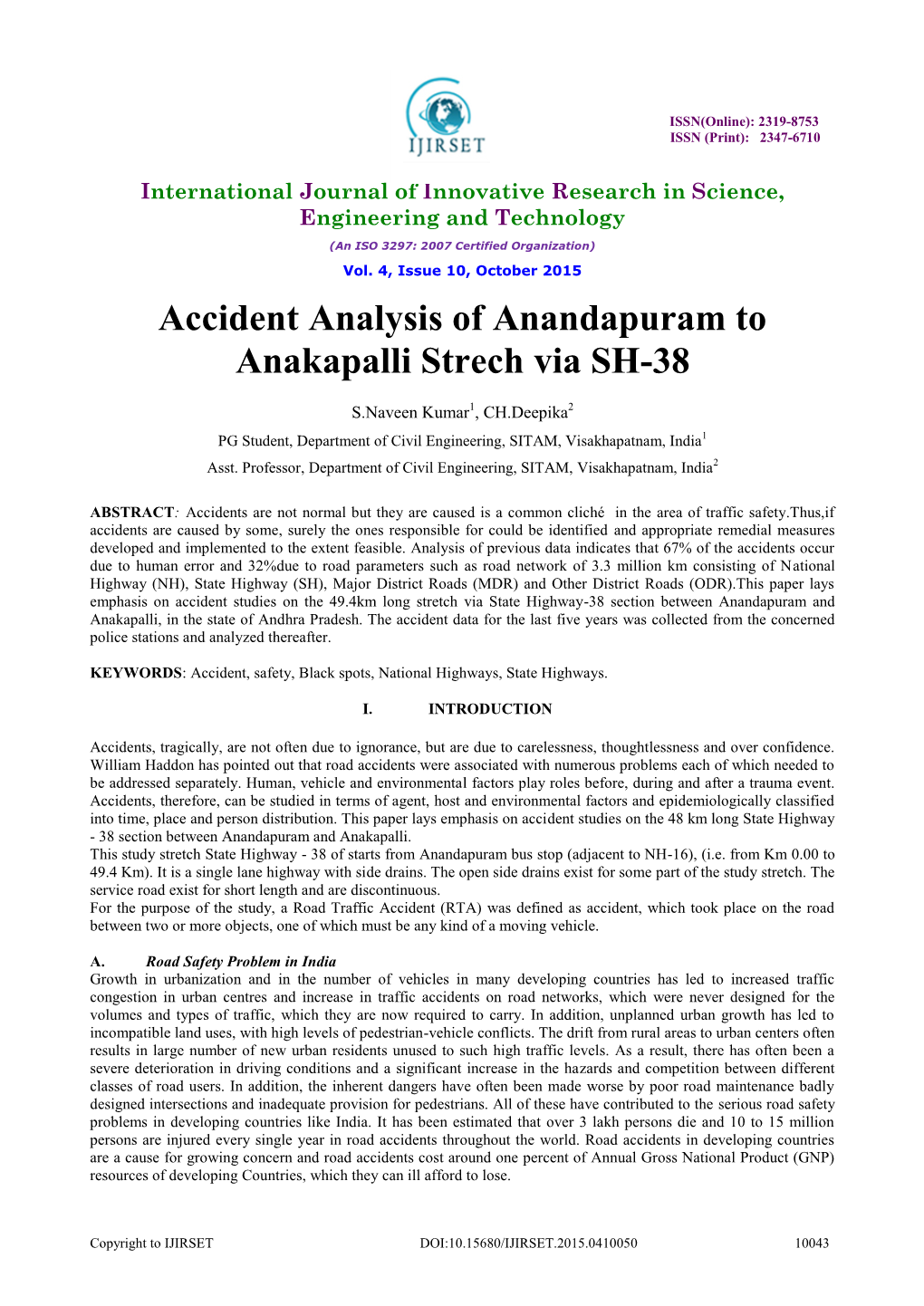 Accident Analysis of Anandapuram to Anakapalli Strech Via SH-38