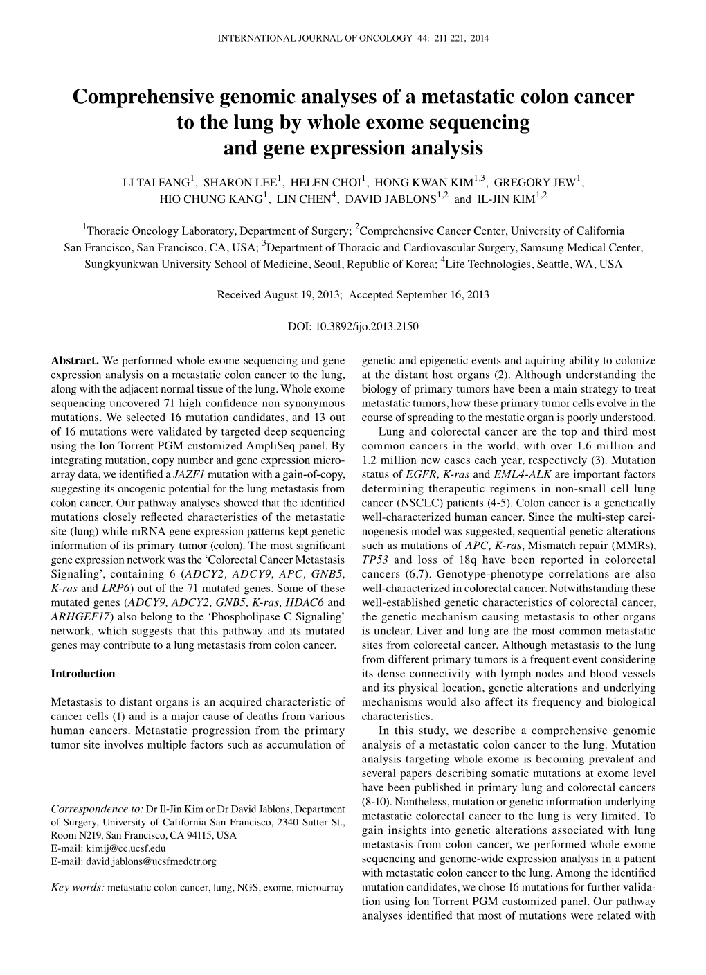 Comprehensive Genomic Analyses of a Metastatic Colon Cancer to the Lung by Whole Exome Sequencing and Gene Expression Analysis