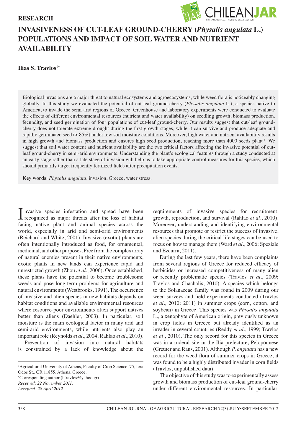 Physalis Angulata L.) POPULATIONS and IMPACT of SOIL WATER and NUTRIENT AVAILABILITY