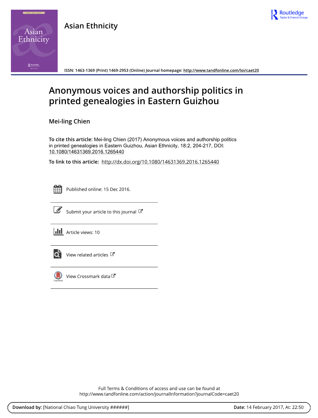 Anonymous Voices and Authorship Politics in Printed Genealogies in Eastern Guizhou